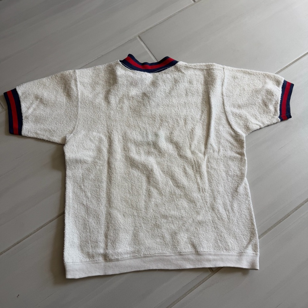 Vntg 70s Terry Cloth V-Neck Shirt Retro Athletic Stripe Tee USA Cotton M 38-40 - Picture 3 of 7